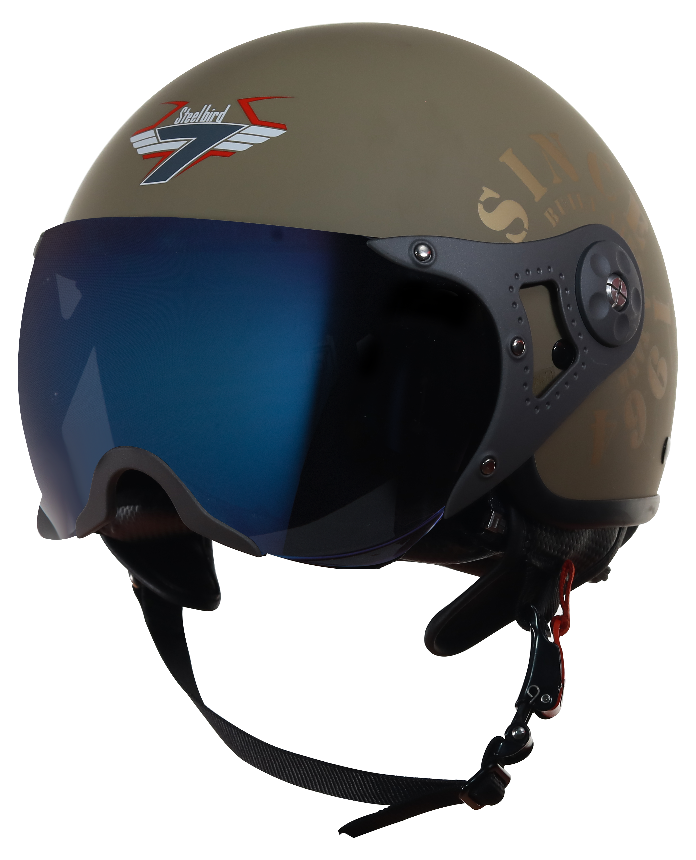 Steelbird SB-27 Tank ISI Certified Open Face Graphic Helmet (Matt Desert Storm Gold With Chrome Blue Visor)